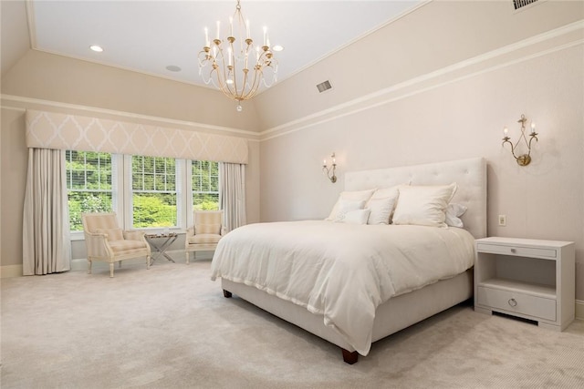 carpeted bedroom with a notable chandelier, vaulted ceiling, and ornamental molding