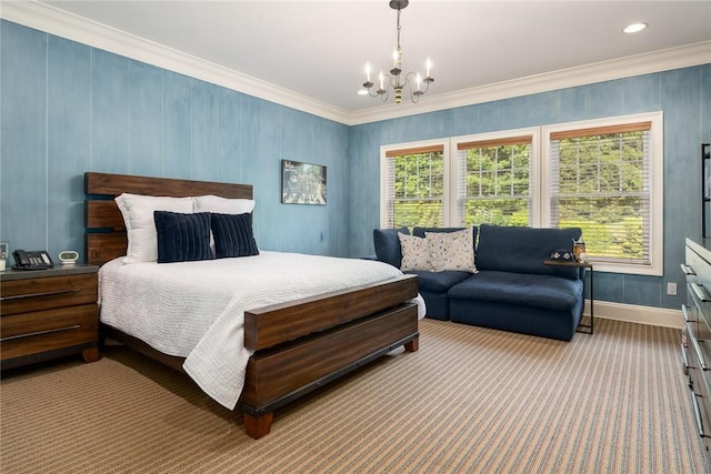 carpeted bedroom featuring crown molding and a chandelier