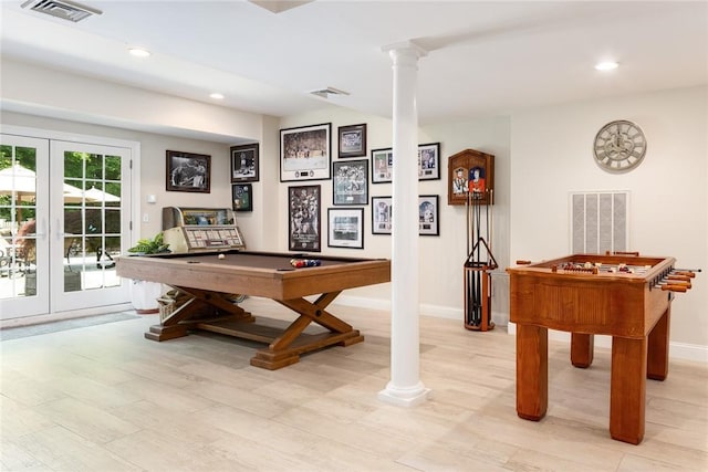 game room with billiards, french doors, and ornate columns