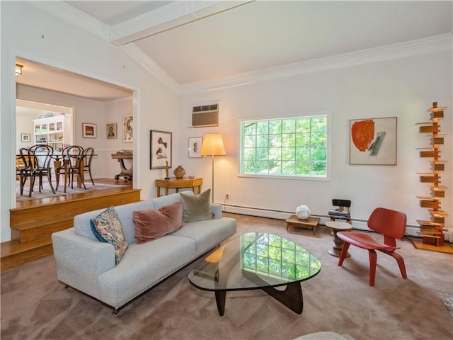 carpeted living room with vaulted ceiling with beams, a wall mounted AC, and ornamental molding