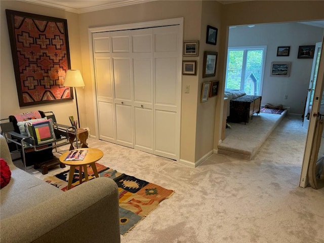 living room with light colored carpet and crown molding