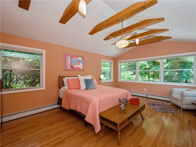 bedroom with baseboard heating, light hardwood / wood-style flooring, and lofted ceiling with beams