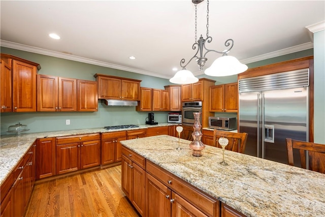 kitchen featuring appliances with stainless steel finishes, light stone counters, crown molding, pendant lighting, and light hardwood / wood-style flooring