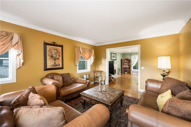 living room featuring hardwood / wood-style flooring and crown molding