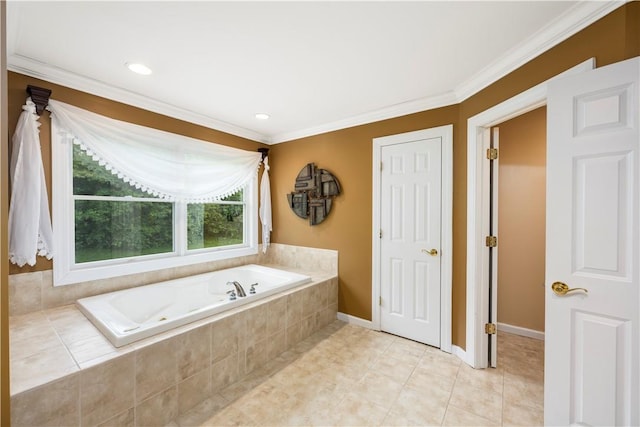 bathroom with tile patterned floors, tiled tub, and crown molding