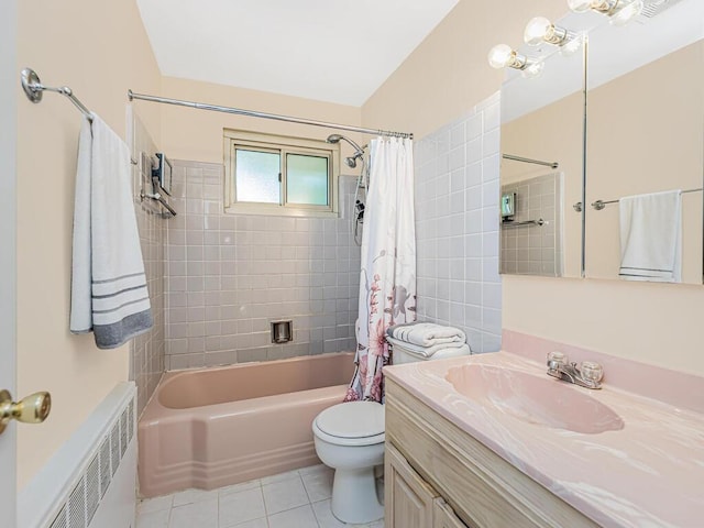 full bathroom featuring radiator, vanity, shower / bathtub combination with curtain, tile patterned flooring, and toilet