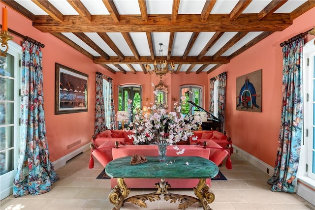 interior space with beamed ceiling, light tile patterned floors, and an inviting chandelier