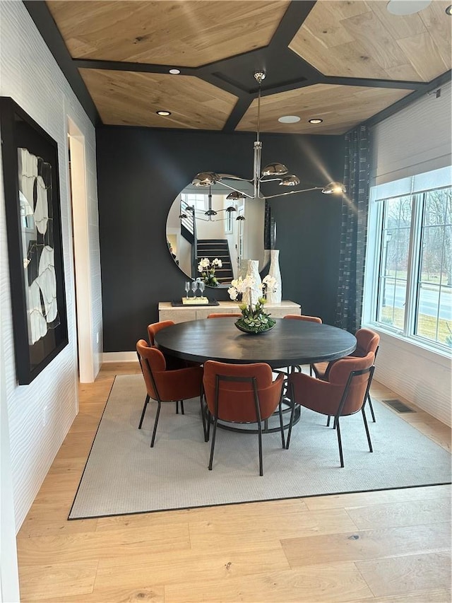 dining area featuring wood ceiling and light hardwood / wood-style floors