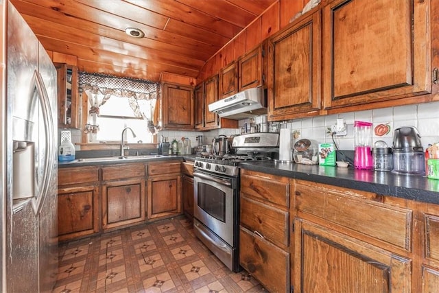 kitchen with backsplash, sink, wood ceiling, and appliances with stainless steel finishes