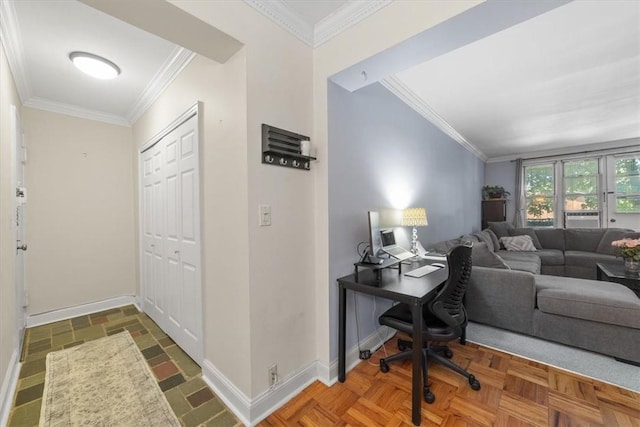 office with dark parquet flooring and ornamental molding