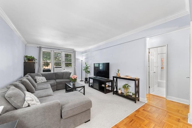 living room with crown molding and parquet flooring