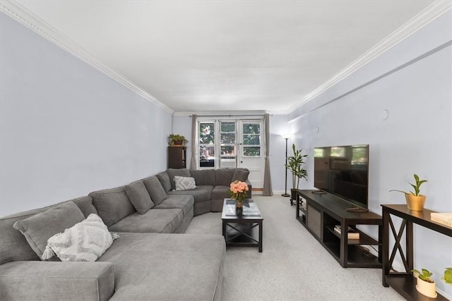 carpeted living room with ornamental molding