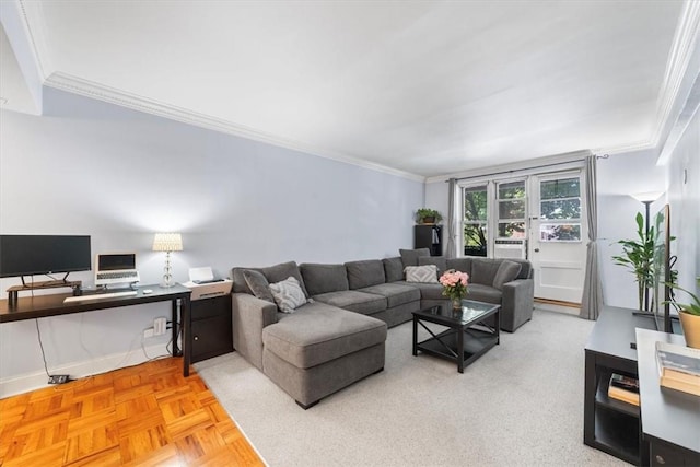 living room with crown molding and light parquet floors