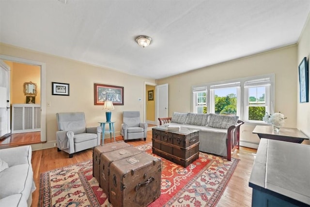 living room with a baseboard radiator and light hardwood / wood-style flooring