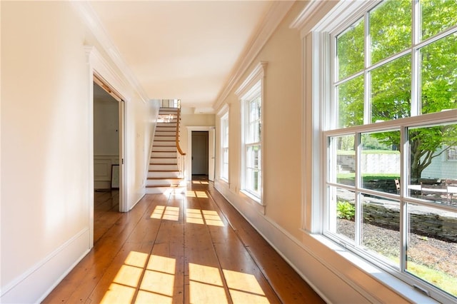 corridor with crown molding and light hardwood / wood-style floors