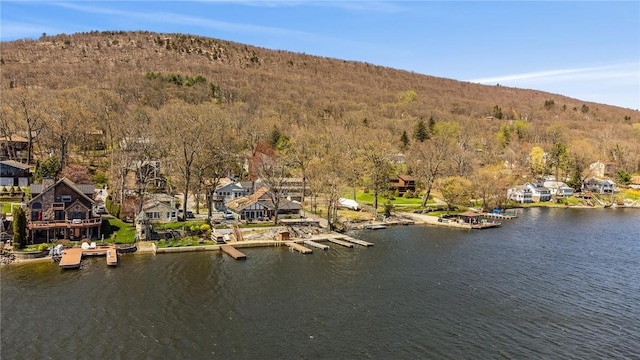 aerial view with a water and mountain view