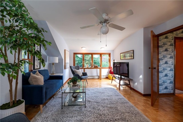 living room featuring ceiling fan, a baseboard radiator, lofted ceiling, and light parquet floors