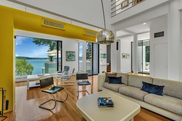 interior space featuring a high ceiling, a water view, light hardwood / wood-style flooring, and a healthy amount of sunlight