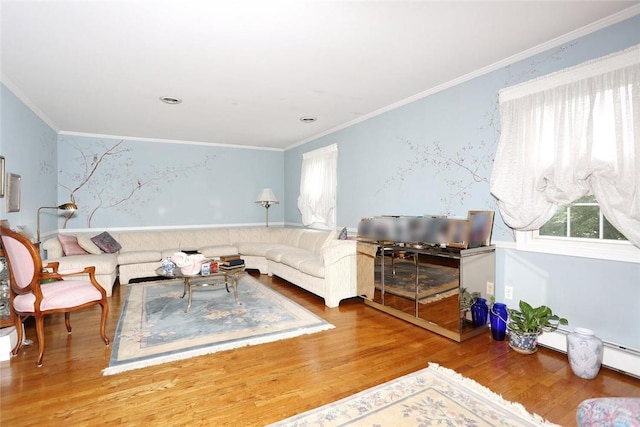 living room featuring hardwood / wood-style floors and crown molding