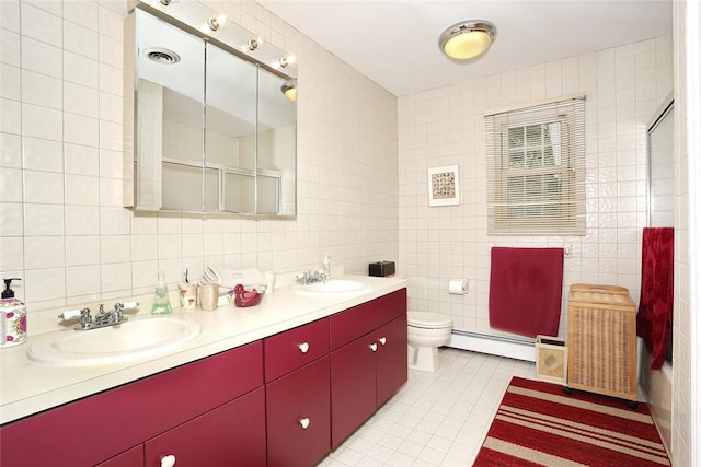 bathroom featuring tile patterned floors, decorative backsplash, toilet, tile walls, and a baseboard radiator