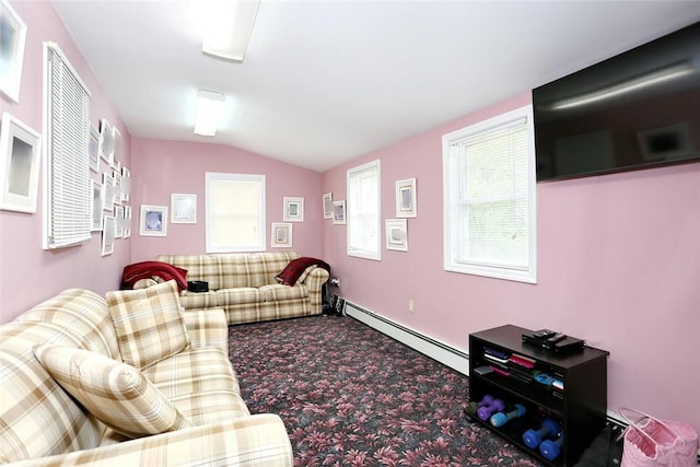 living room with carpet flooring, a baseboard radiator, and vaulted ceiling