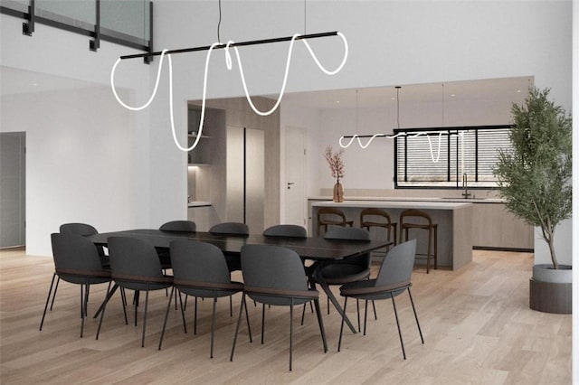 dining space with sink and light hardwood / wood-style flooring