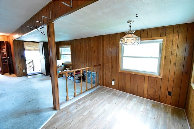 interior space featuring wooden walls and light hardwood / wood-style floors