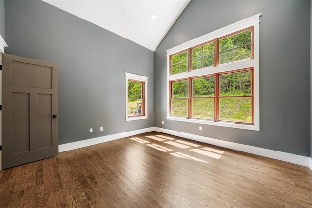 spare room with a wealth of natural light, high vaulted ceiling, and hardwood / wood-style flooring