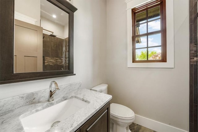 bathroom with a shower, vanity, and toilet