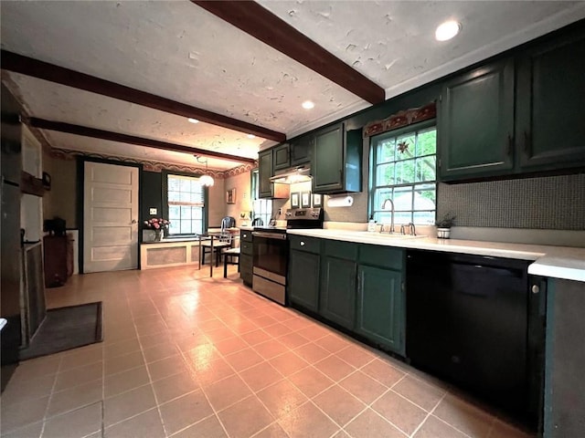 kitchen featuring electric range, dishwasher, sink, beamed ceiling, and light tile patterned floors