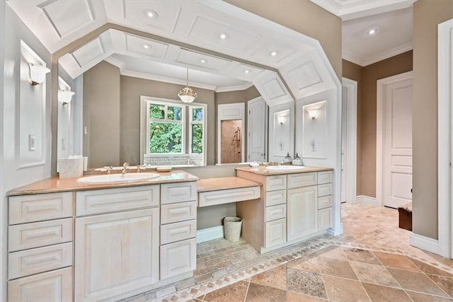 bathroom with vanity, walk in shower, and ornamental molding