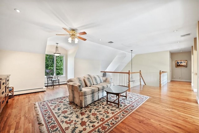 living room featuring a baseboard radiator, light hardwood / wood-style flooring, ceiling fan, and lofted ceiling