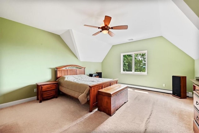 carpeted bedroom with a baseboard radiator, vaulted ceiling, and ceiling fan