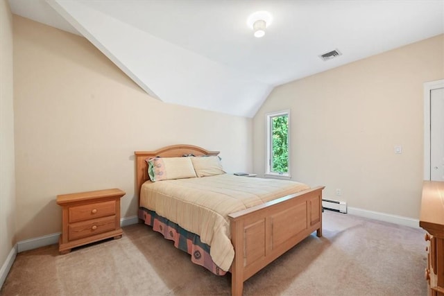 bedroom featuring light colored carpet, lofted ceiling, and a baseboard heating unit