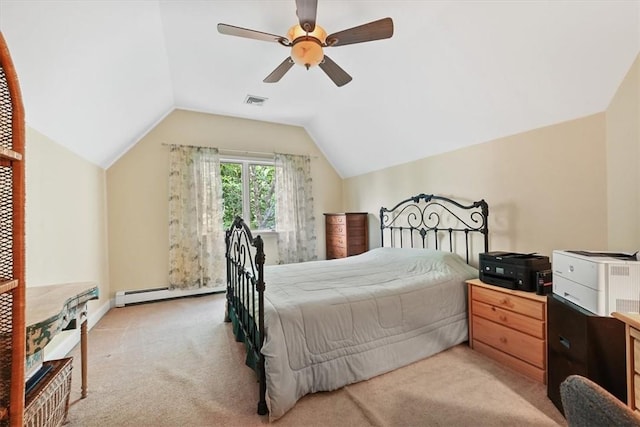 bedroom with light carpet, a baseboard heating unit, ceiling fan, and lofted ceiling