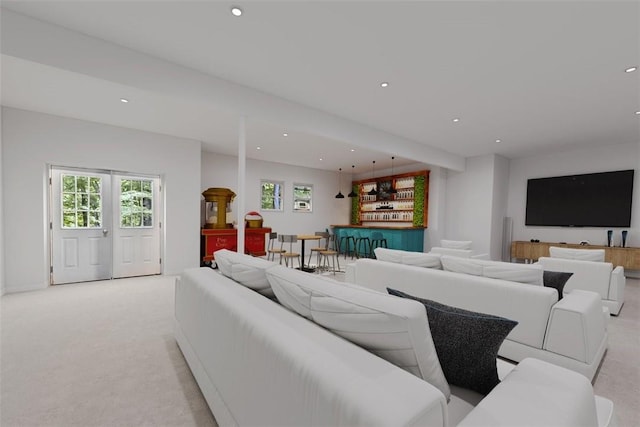 living room featuring light colored carpet