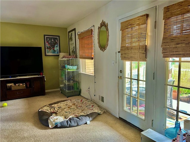 doorway with carpet floors