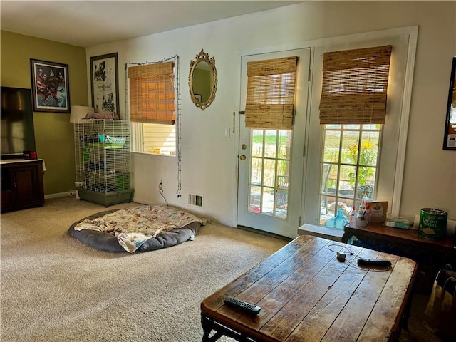 doorway with carpet flooring