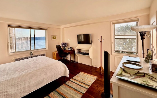 bedroom with dark hardwood / wood-style floors and radiator