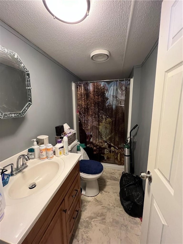 bathroom featuring vanity, toilet, a textured ceiling, and walk in shower