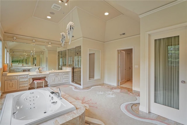 9 Lincoln Woods, Purchase, NY 10577 - bathroom featuring tiled bath, crown molding, and vanity