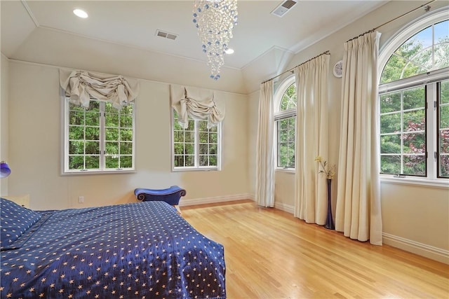 9 Lincoln Woods, Purchase, NY 10577 - bedroom with a chandelier, hardwood / wood-style floors, multiple windows, and crown molding