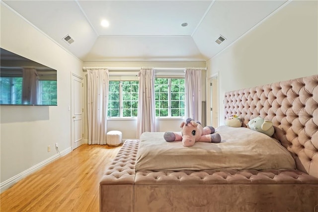9 Lincoln Woods, Purchase, NY 10577 - bedroom featuring light hardwood / wood-style floors, crown molding, and lofted ceiling