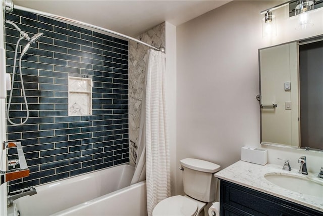 full bathroom with vanity, toilet, and shower / bathtub combination with curtain