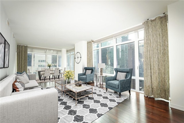 living room with dark wood-type flooring