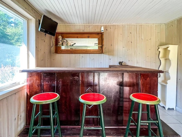 bar with tile patterned floors, wooden ceiling, and wood walls