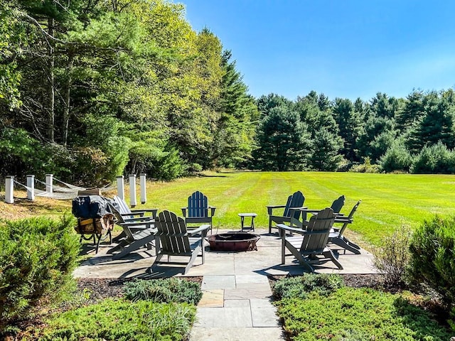 view of patio / terrace featuring an outdoor fire pit