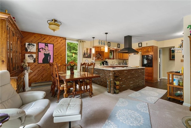 interior space with sink, baseboard heating, and wooden walls