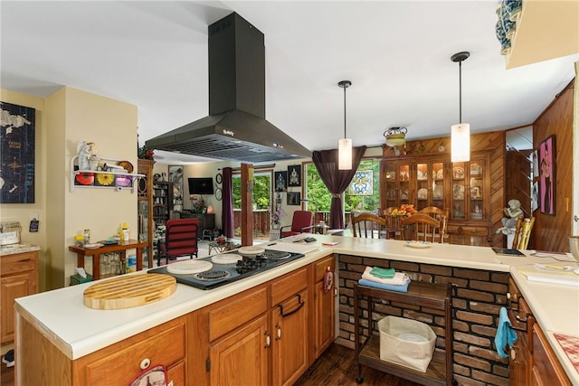 kitchen with black electric stovetop, dark hardwood / wood-style flooring, hanging light fixtures, and range hood