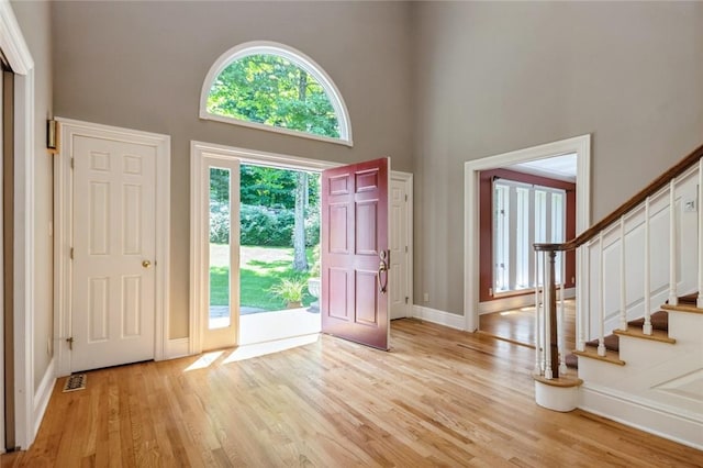 entryway featuring plenty of natural light, a towering ceiling, and light wood-type flooring